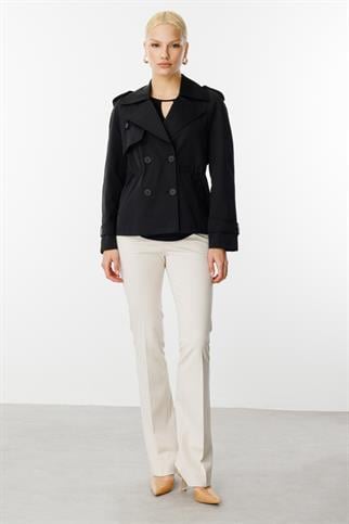 Kruvaze Yaka Kısa Siyah Kadın  Trençkot 7006-2Y5