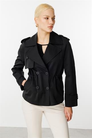 Kruvaze Yaka Kısa Siyah Kadın  Trençkot 7006-2Y5