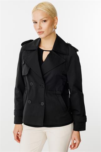 Kruvaze Yaka Kısa Siyah Kadın  Trençkot 7006-2Y5