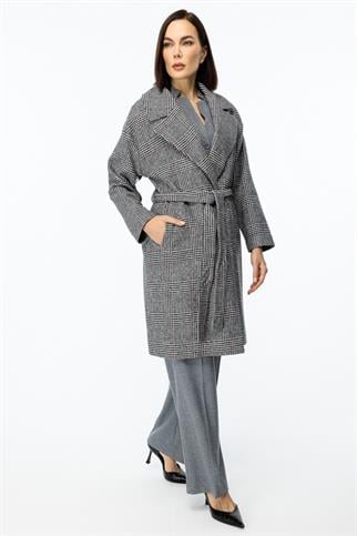 Ekoseli Kaşe Siyah Kadın Kaban  7033-2K5