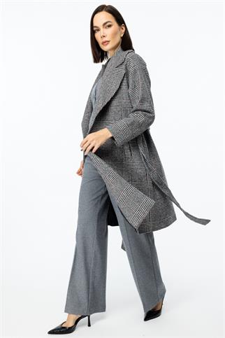 Ekoseli Kaşe Siyah Kadın Kaban  7033-2K5