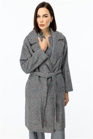 Ekoseli Kaşe Siyah Kadın Kaban  7033-2K5