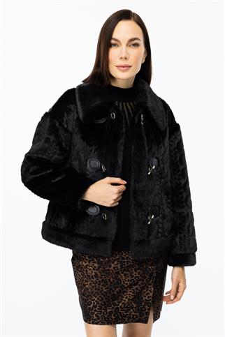 Kancalı Peluş Siyah Kadın Mont 7045-2K5