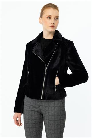 Peluş Yandan Fermuarlı Siyah Kadın Mont 7051-2K5