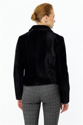 Peluş Yandan Fermuarlı Siyah Kadın Mont 7051-2K5