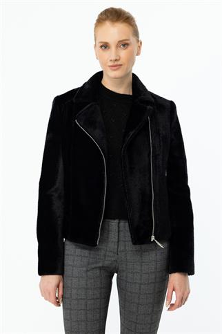 Peluş Yandan Fermuarlı Siyah Kadın Mont 7051-2K5