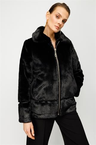 Çizgi Detaylı Peluş Siyah Kadın Kaban 7101-2K5
