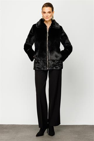 Çizgi Detaylı Peluş Siyah Kadın Kaban 7101-2K5