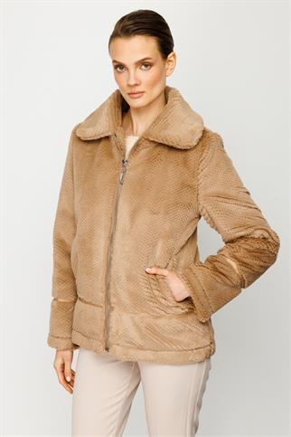 Ekol Çizgi Detaylı Peluş Vizon Kaban 7101-2K5