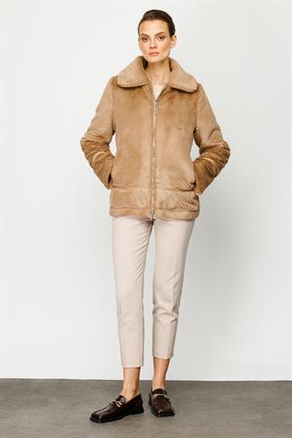 Ekol Çizgi Detaylı Peluş Vizon Kaban 7101-2K5