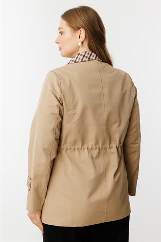 Ekose Detaylı Yan Cepli Camel Trençkot 7504-2Y5