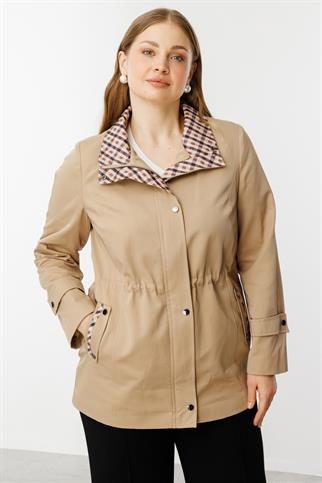 Ekose Detaylı Yan Cepli Camel Trençkot 7504-2Y5