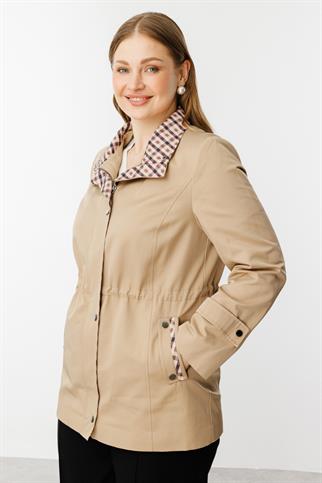 Ekose Detaylı Yan Cepli Camel Trençkot 7504-2Y5