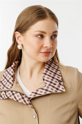 Ekose Detaylı Yan Cepli Camel Trençkot 7504-2Y5
