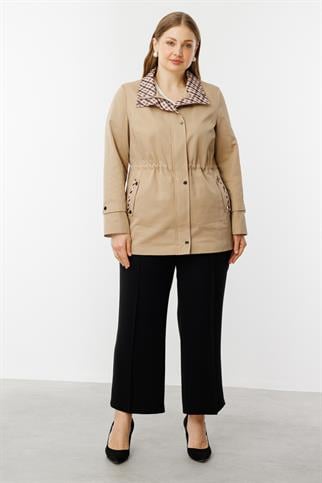 Ekose Detaylı Yan Cepli Camel Trençkot 7504-2Y5