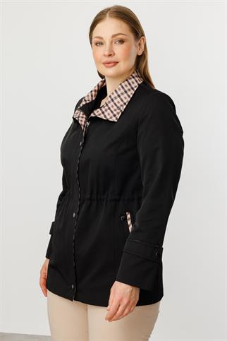 Ekose Detaylı Yan Cepli Siyah Trençkot 7504-2Y5