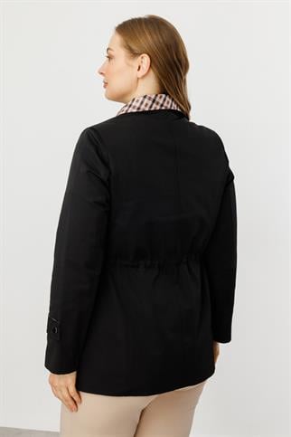 Ekose Detaylı Yan Cepli Siyah Trençkot 7504-2Y5