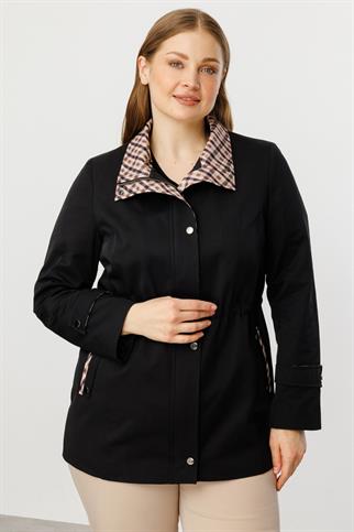 Ekose Detaylı Yan Cepli Siyah Trençkot 7504-2Y5