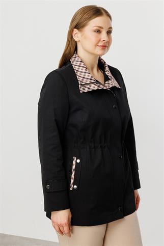Ekose Detaylı Yan Cepli Siyah Trençkot 7504-2Y5