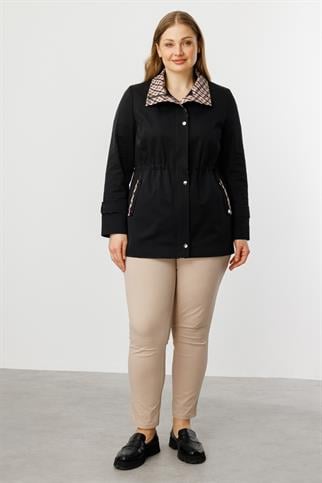 Ekose Detaylı Yan Cepli Siyah Trençkot 7504-2Y5