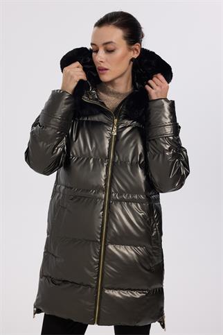 Ekol Kürk Kapüşonlu Platin Şişme Kaban 7545-2K5