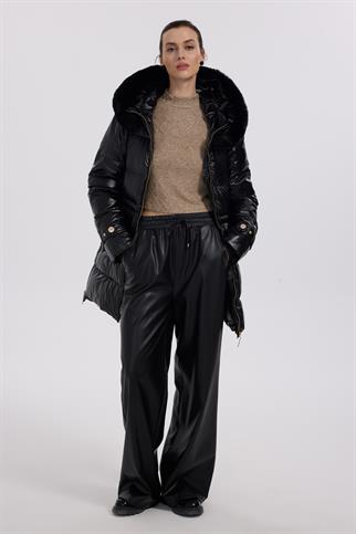 Ekol Kürk Kapüşonlu Siyah Şişme Kaban 7545-2K5