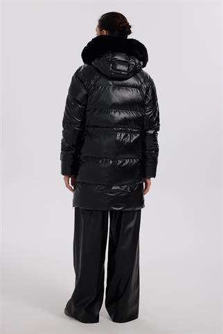 Ekol Kürk Kapüşonlu Siyah Şişme Kaban 7545-2K5