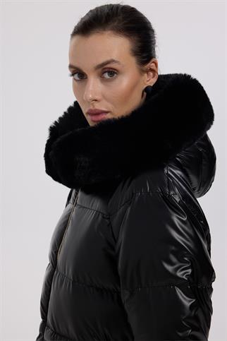 Ekol Kürk Kapüşonlu Siyah Şişme Kaban 7545-2K5