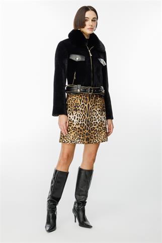 Ekol Deri Kemerli Peluş Siyah Kadın Mont  7549-2K5