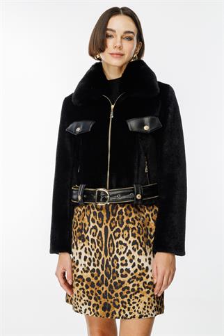 Ekol Deri Kemerli Peluş Siyah Kadın Mont  7549-2K5