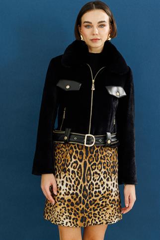 Ekol Deri Kemerli Peluş Siyah Kadın Mont  7549-2K5