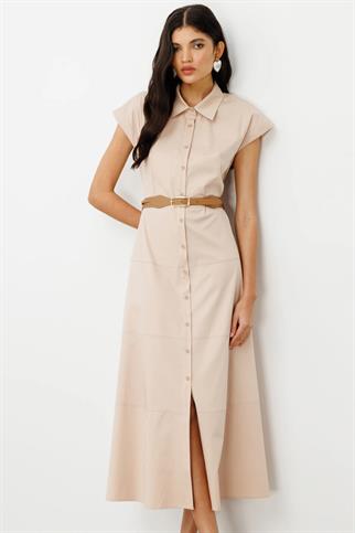 Beli Kemerli Düğmeli Bej Kadın  Elbise  5076-2Y5 