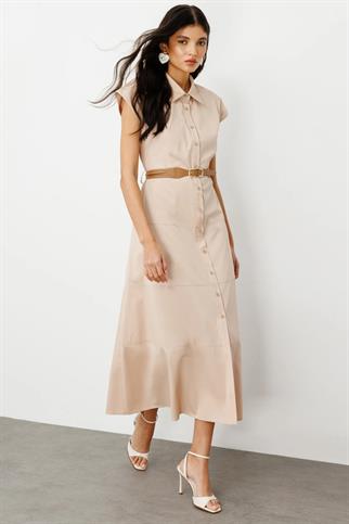 Beli Kemerli Düğmeli Bej Kadın  Elbise  5076-2Y5 