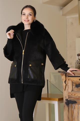DERİ CEPLİ SİYAH KADIN KABAN 7072-2K5