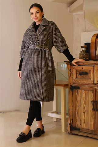 KAZAYAĞI DESENLİ KEMERLİ SİYAH KADIN KABAN 7135-2K5