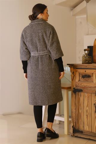 KAZAYAĞI DESENLİ KEMERLİ SİYAH KADIN KABAN 7135-2K5