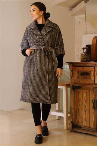 KAZAYAĞI DESENLİ KEMERLİ SİYAH KADIN KABAN 7135-2K5