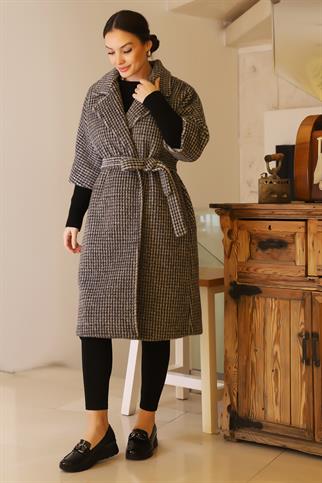 KAZAYAĞI DESENLİ KEMERLİ SİYAH KADIN KABAN 7135-2K5