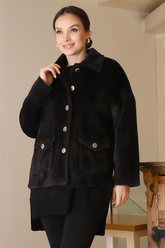 GÖMLEK YAKA ÇITÇITLI SİYAH KADIN CEKET  9024-2K5