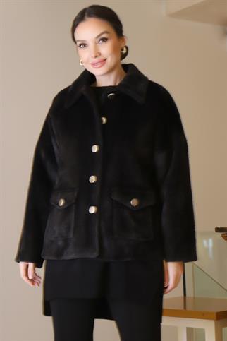 GÖMLEK YAKA ÇITÇITLI SİYAH KADIN CEKET  9024-2K5