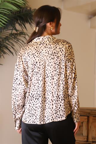 LEOPAR DESENLİ UZUN KOLLU BEJ KADIN BLUZ  18462-2K5