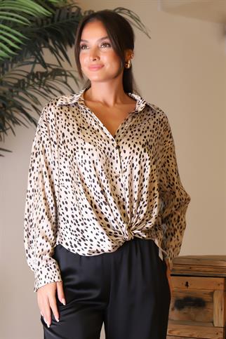 LEOPAR DESENLİ UZUN KOLLU BEJ KADIN BLUZ  18462-2K5