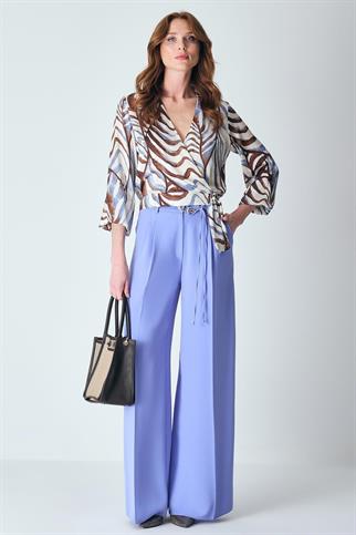 V YAKA BAĞLAMALI MAVİ KADIN BLUZ 18594-2Y5