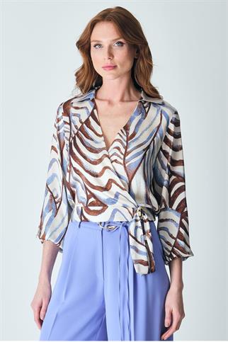 V YAKA BAĞLAMALI MAVİ KADIN BLUZ 18594-2Y5