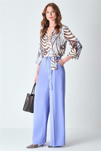 V YAKA BAĞLAMALI MAVİ KADIN BLUZ 18594-2Y5