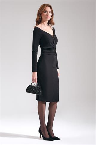 Düşük Omuzlu Taş İşlemeli Siyah Kadın  Elbise 57920-2K5