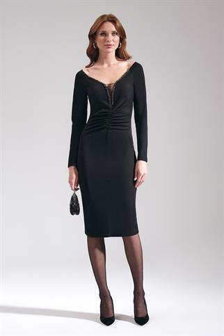 Düşük Omuzlu Taş İşlemeli Siyah Kadın  Elbise 57920-2K5