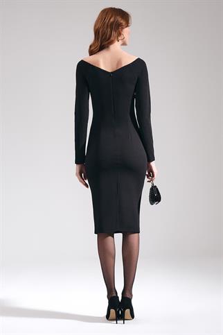 Düşük Omuzlu Taş İşlemeli Siyah Kadın  Elbise 57920-2K5