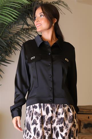 GÖMLEK YAKA DÜĞMELİ SİYAH KADIN CEKET  62408-2K5