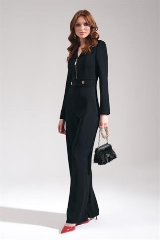 Gold Düğmeli Metal Fermuarlı Siyah Kadın Tulum 72408-2K5